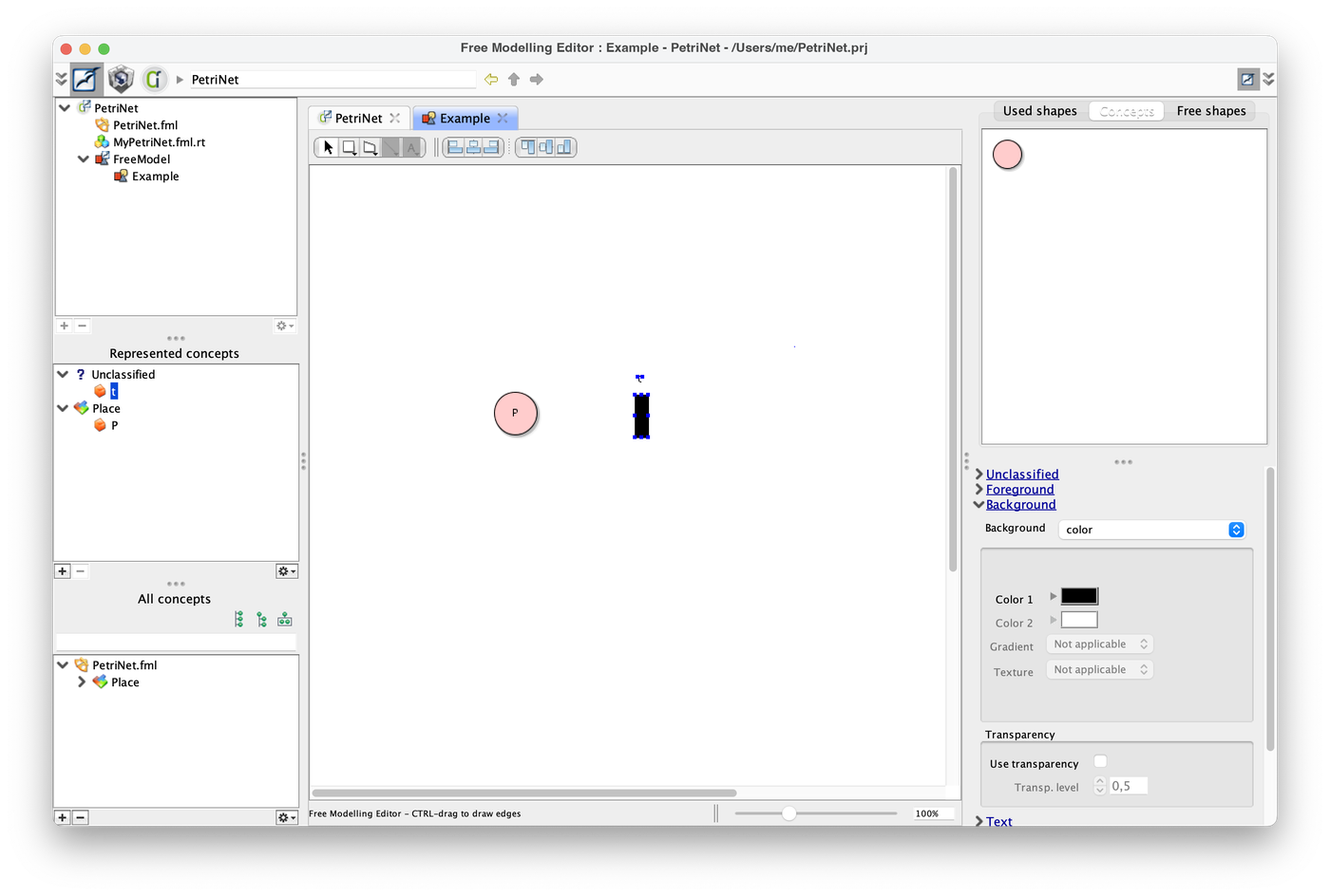 A black rectangle labelled t next to the place P