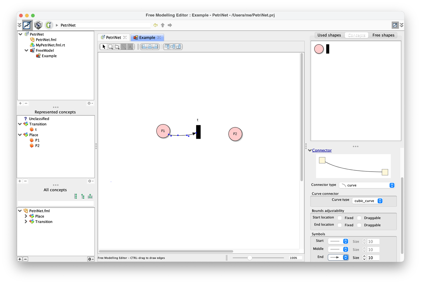 A curved arrow from P1 to t and the Connector inspector
