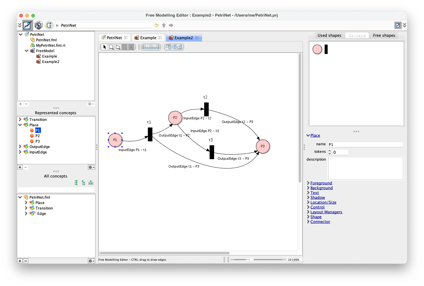 Example2 with three places, three transitions and several edges
