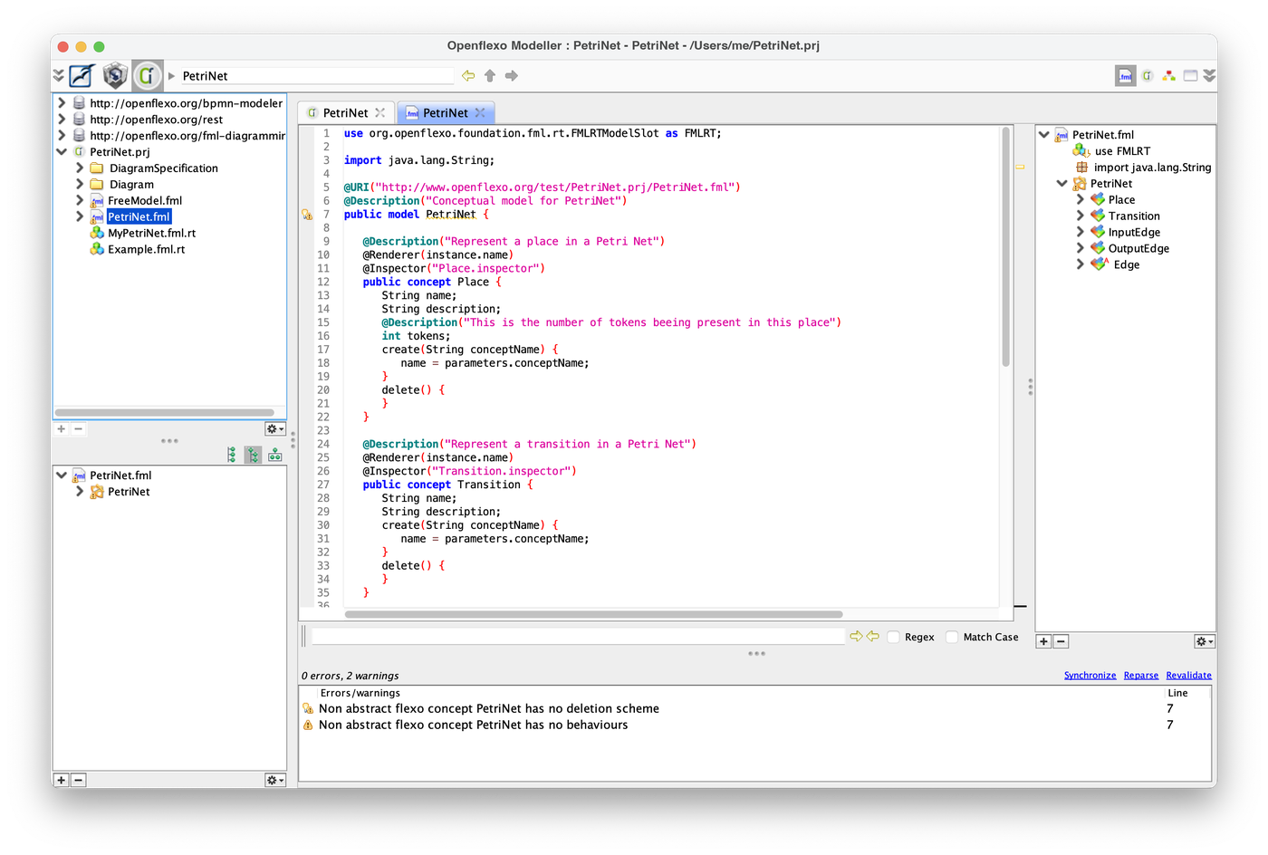 PetriNet.fml opened in the Modeller