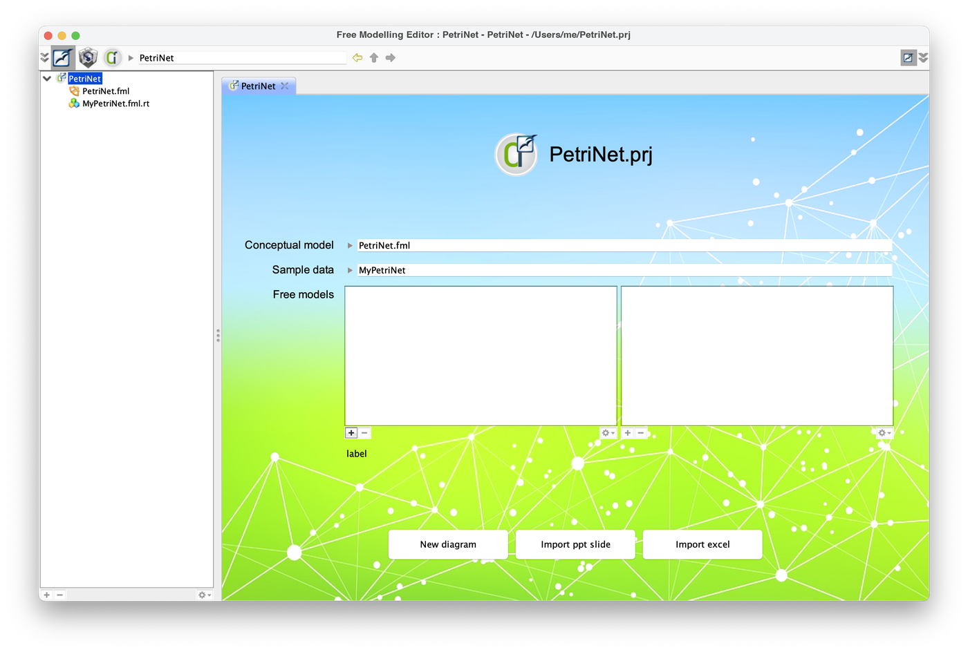Project page with New diagram, Import ppt slide and Import excel buttons
