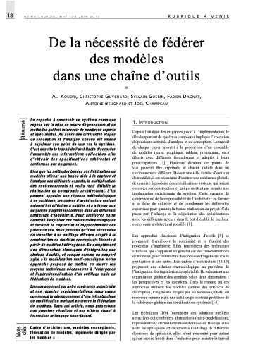 First page of De la nécessité de fédérer des modèles dans une chaîne d'outils