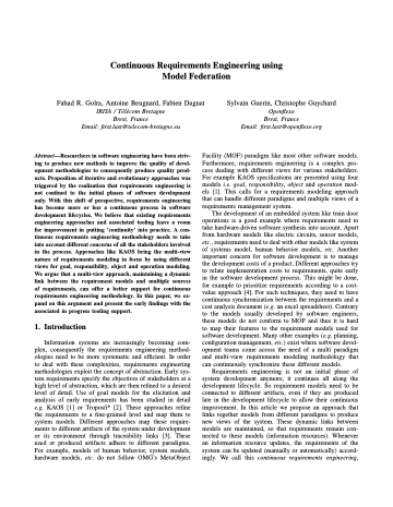 First page of Continuous Requirements Engineering Using Model Federation