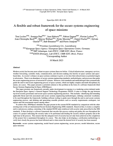 First page of A flexible and robust framework for the secure systems engineering of space missions